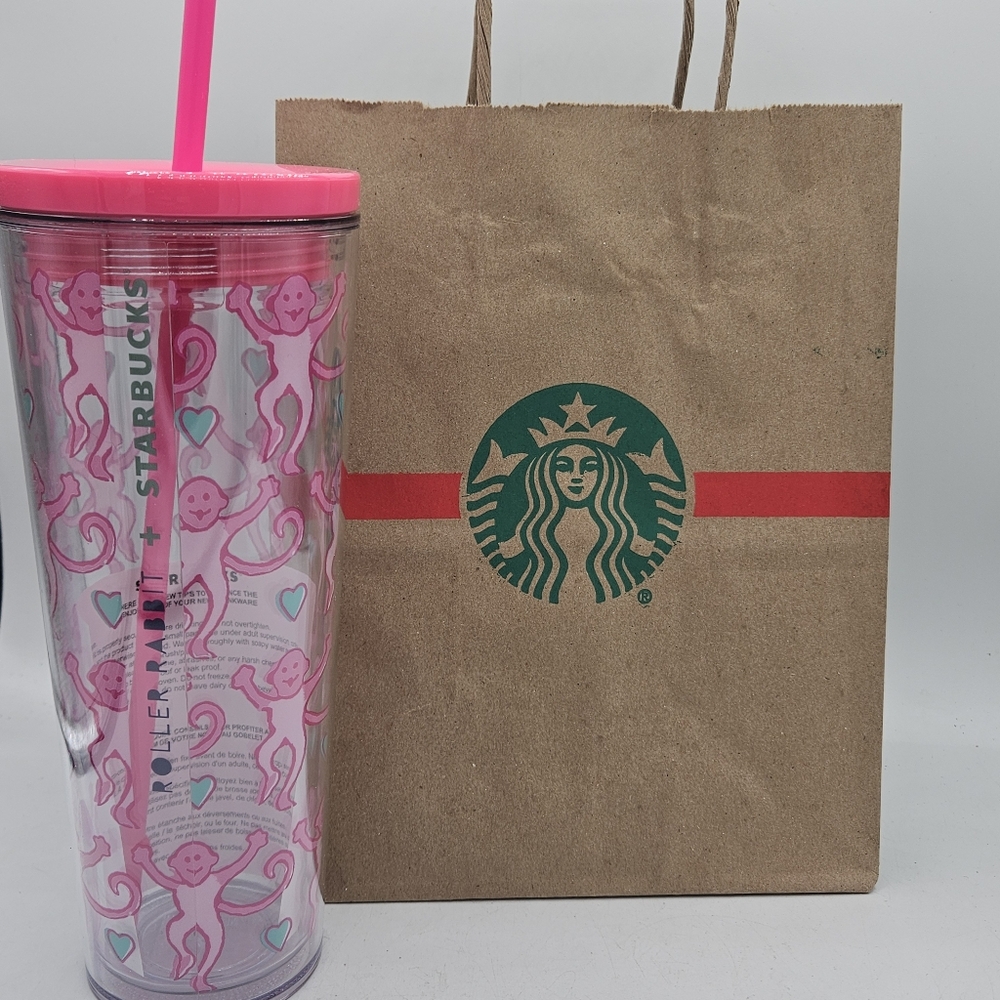 New Pink Starbucks Roller Monkey Venti 24 Oz Tumbler Coffee Cup